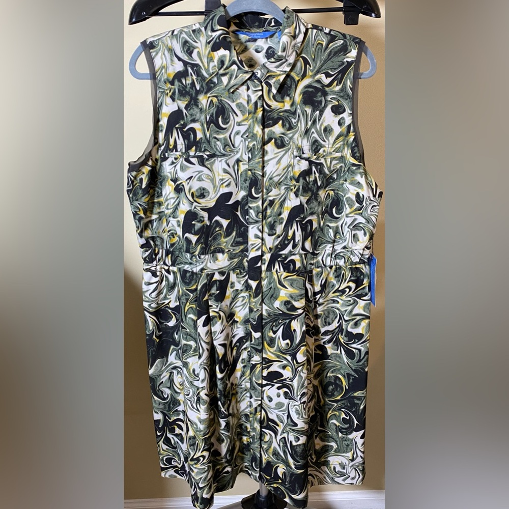 Vera Wang Green & Yellow Swirl Button Down Sleeveless Dress NWT